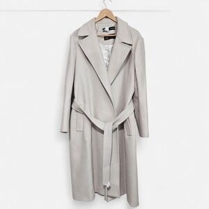 Zara Manteco Wool Blend Belted Wrap Coat Ivory Beige Tan XL Long Minimalist ~